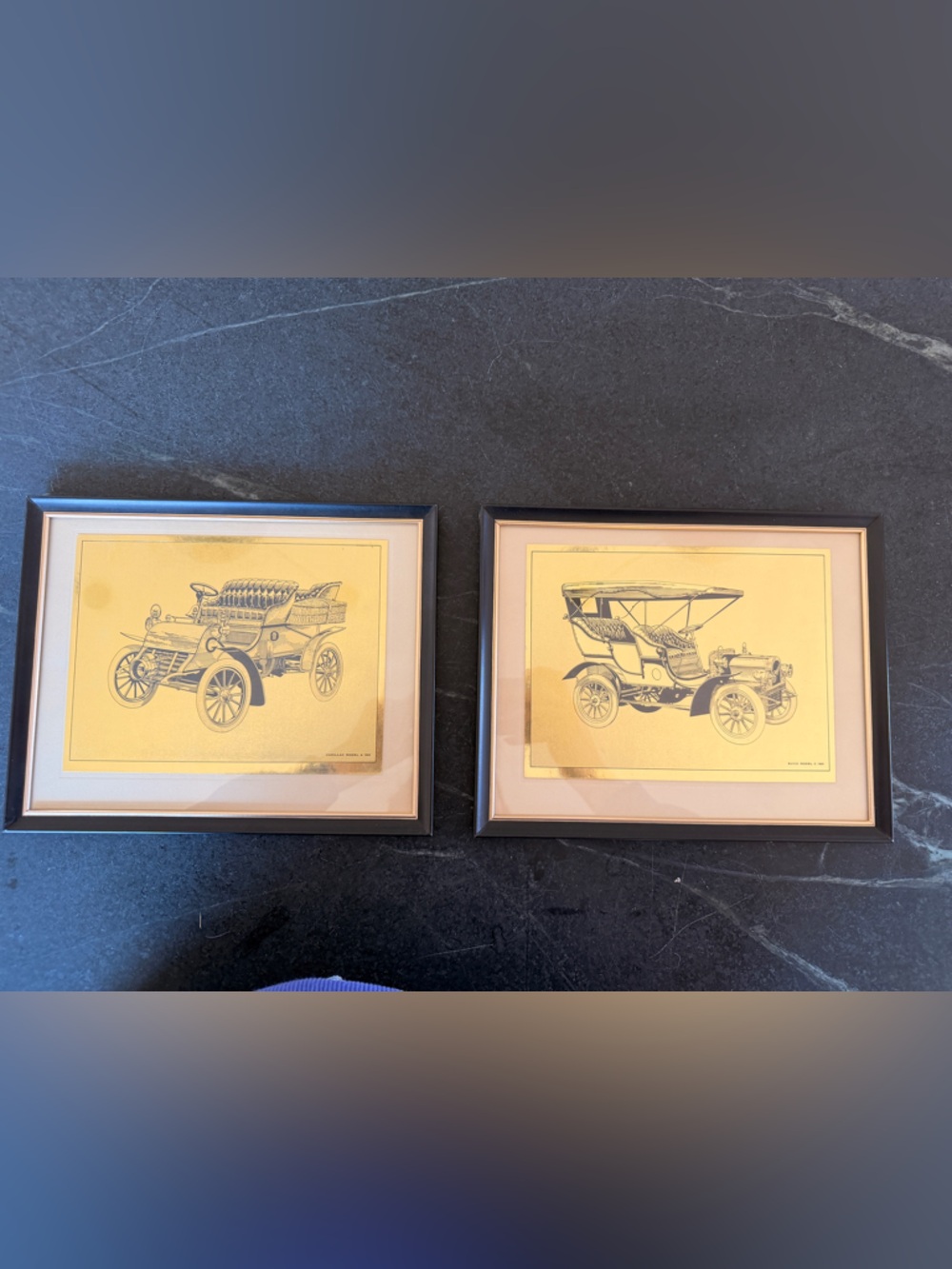 Set Of 2 Vintage Gold Foil Car Prints